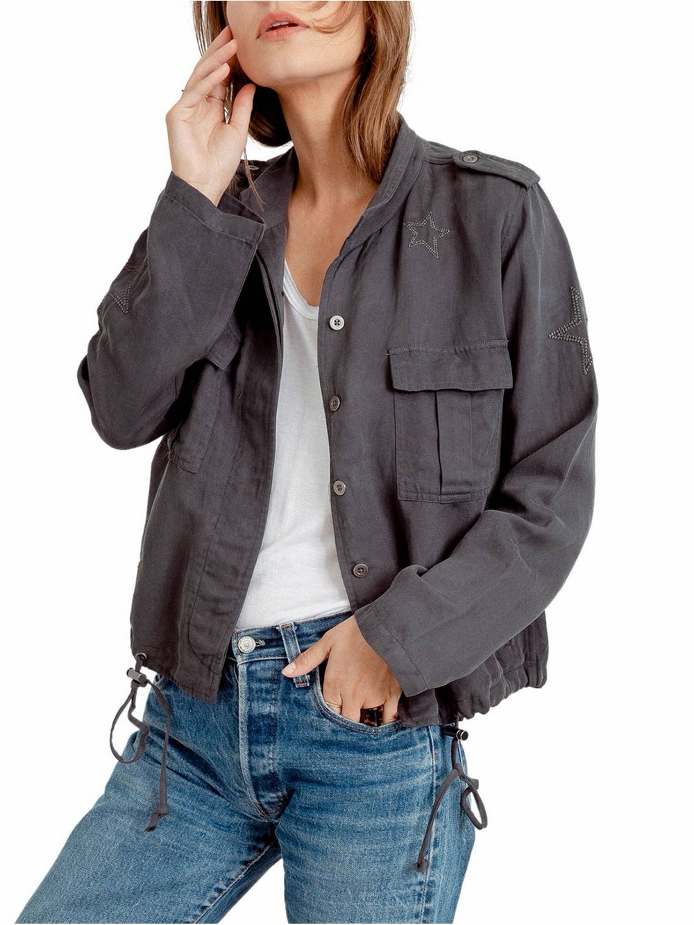 Rails Rowen Star Embellished Military Utility Charcoal Gray Button Front Jacket